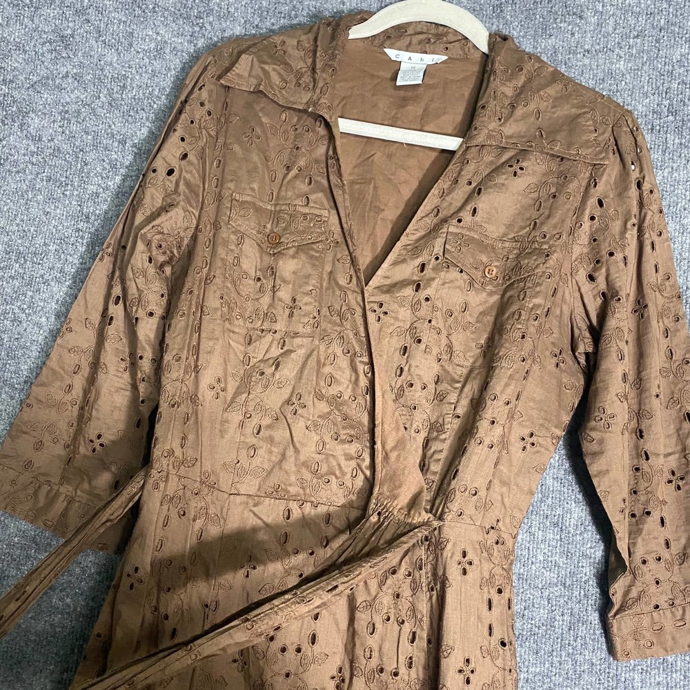 cAbi 545 Midi Dress 12 Large Brown Eyelet V-Neck A-Line Preppy - Picture 3 of 8
